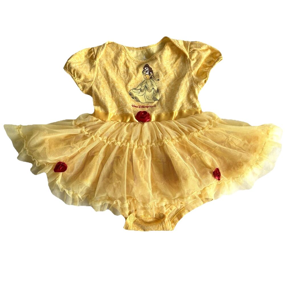 WDW Disney Parks Baby Girl 24M Belle Tutu One Piece Outfit Dress Glitter Yellow